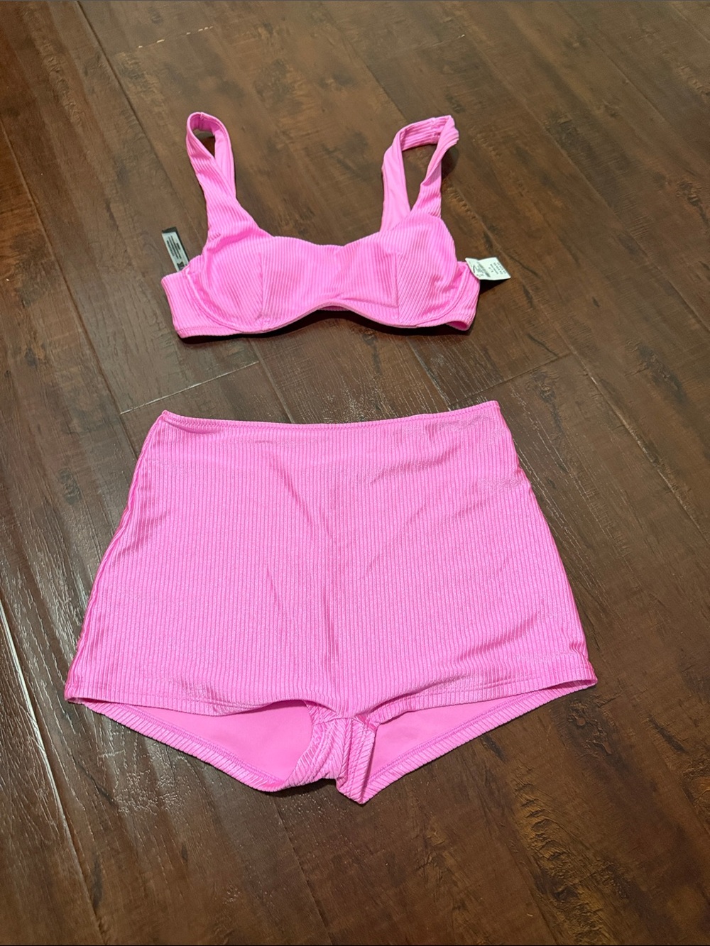 Women's Ribbed Pink Two-Piece Swim Set - Bralette Top & High-Waist Shorts
